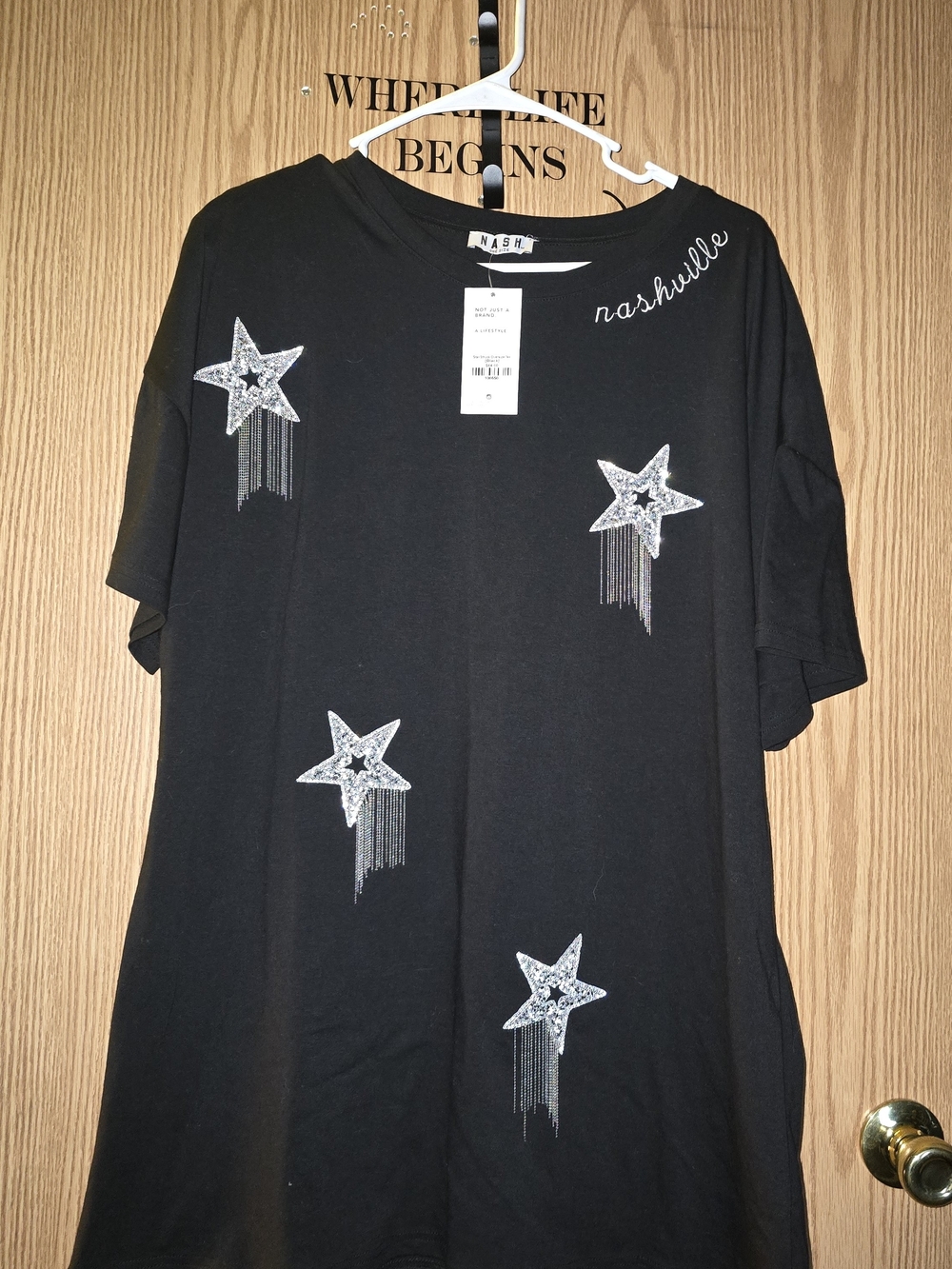 Nashville Black Short Sleeve Tee with Silver Star Fringe